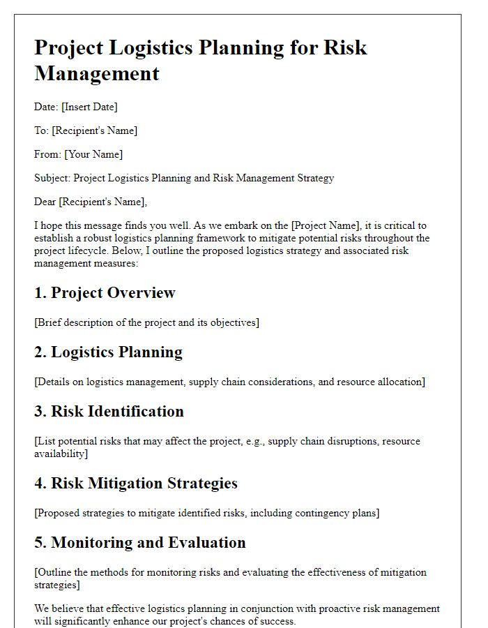 Letter template of project logistics planning for risk management