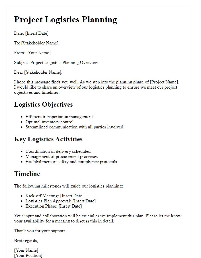 Letter template of project logistics planning for stakeholders