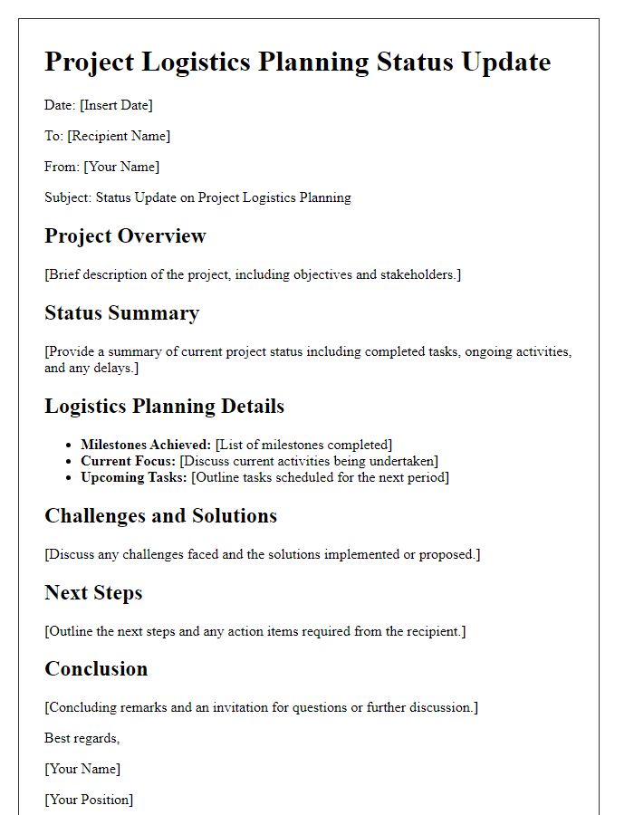 Letter template of project logistics planning for status updates