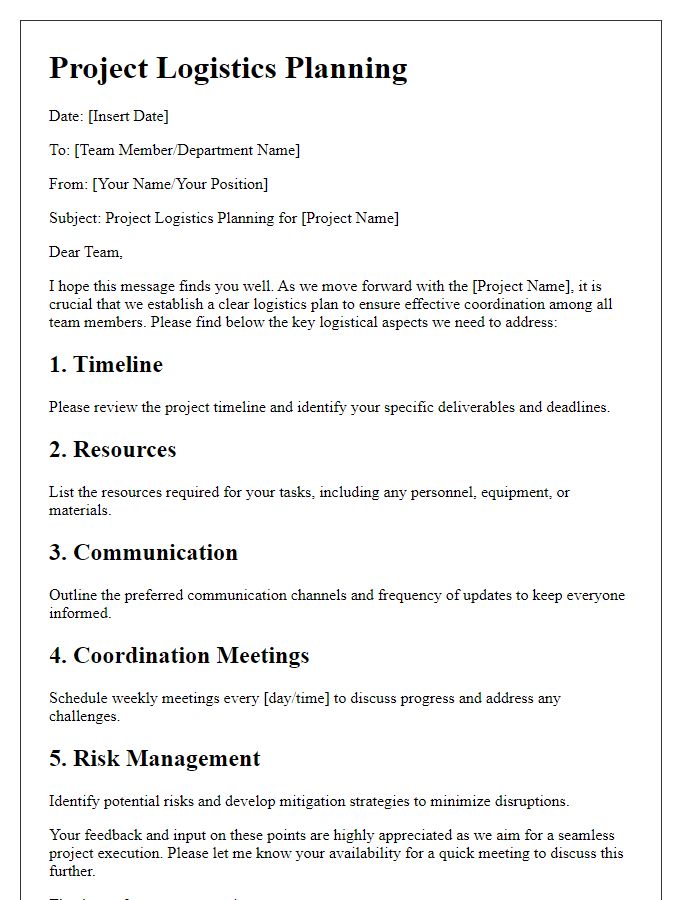 Letter template of project logistics planning for team coordination