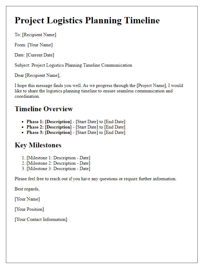 Letter template of project logistics planning for timeline communication