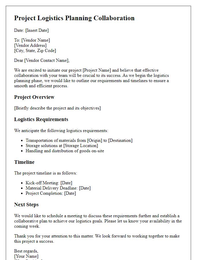 Letter template of project logistics planning for vendor collaboration