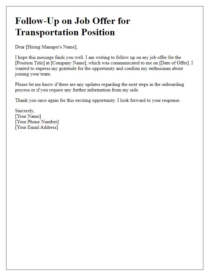 Letter template of transportation job offer follow-up