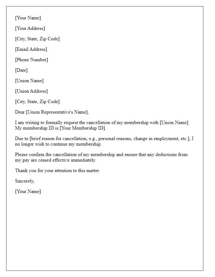 Letter template of union membership cancellation request