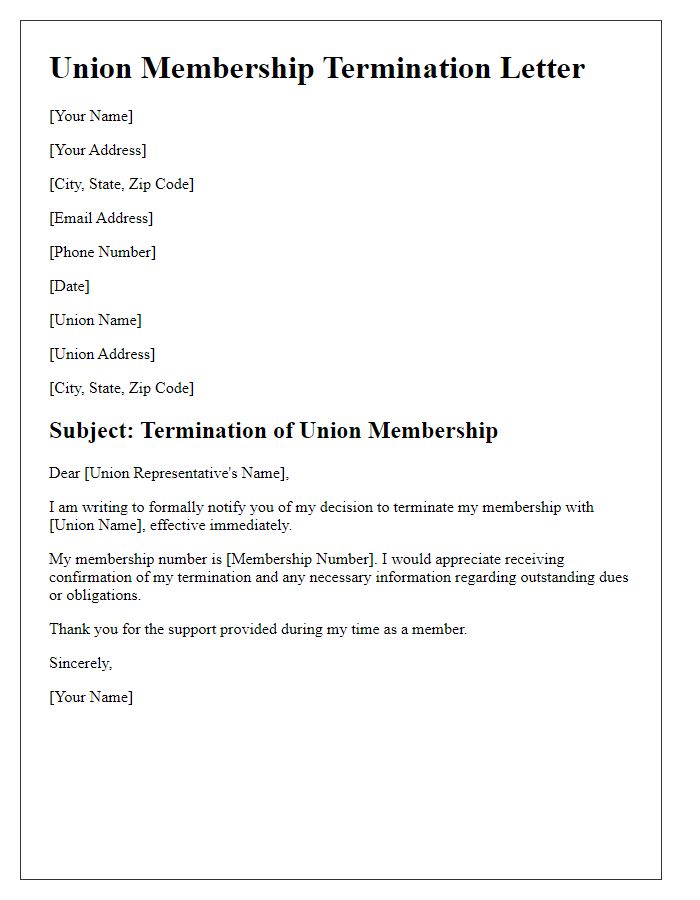 Letter template of union membership termination