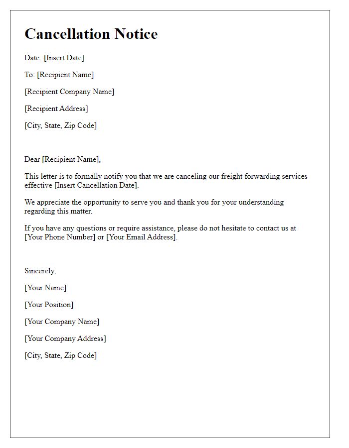 Letter template of freight forwarding services cancellation notice