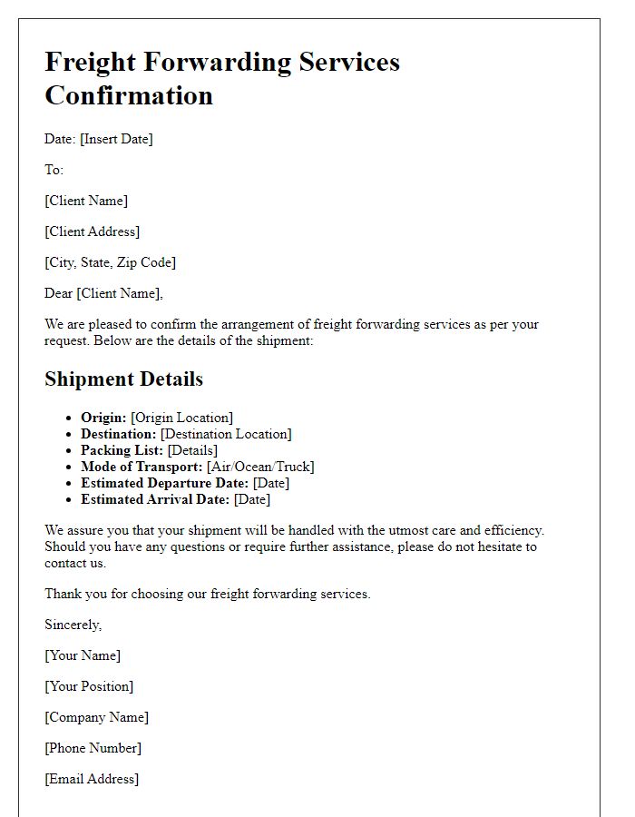 Letter template of freight forwarding services confirmation