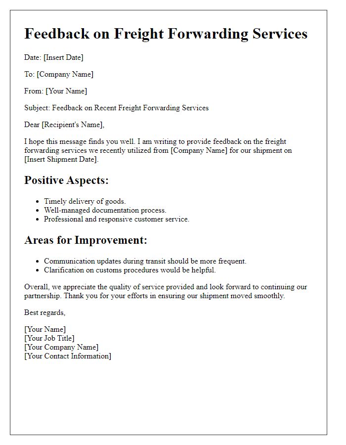 Letter template of freight forwarding services feedback