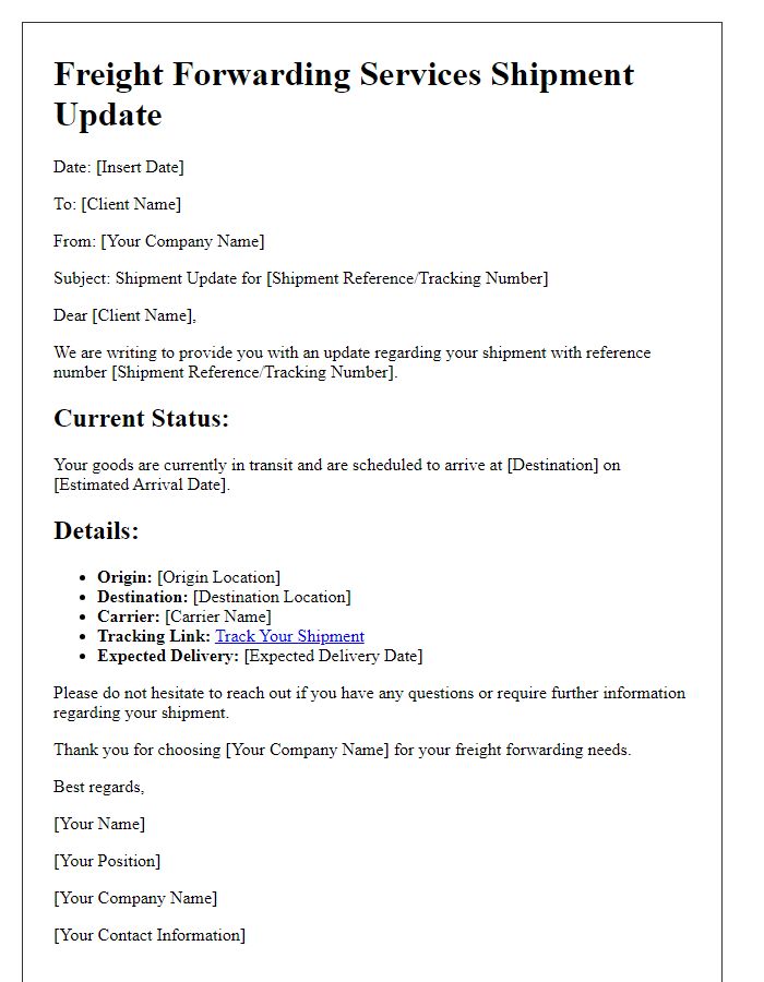 Letter template of freight forwarding services shipment update