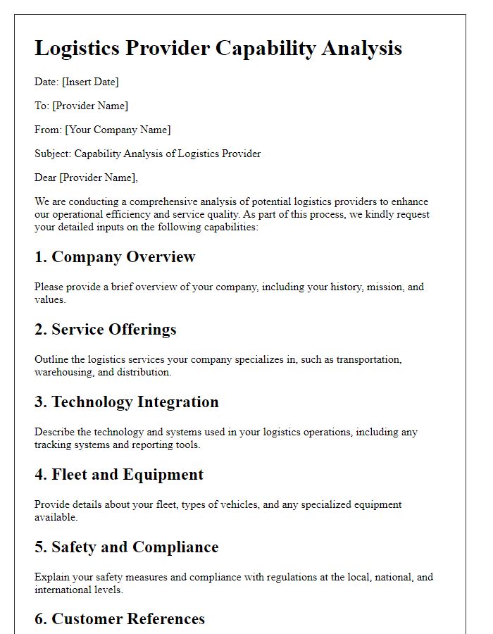 Letter template of logistics provider capability analysis