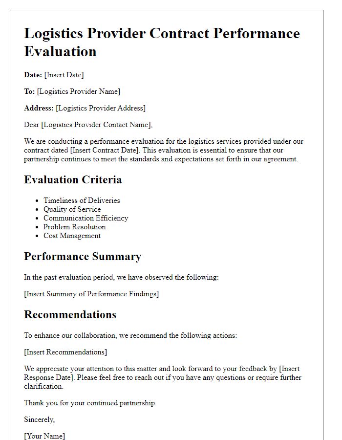 Letter template of logistics provider contract performance evaluation