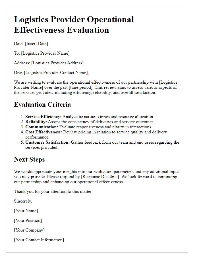 Letter template of logistics provider operational effectiveness evaluation