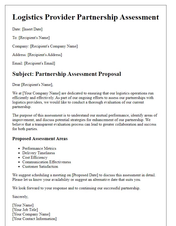 Letter template of logistics provider partnership assessment