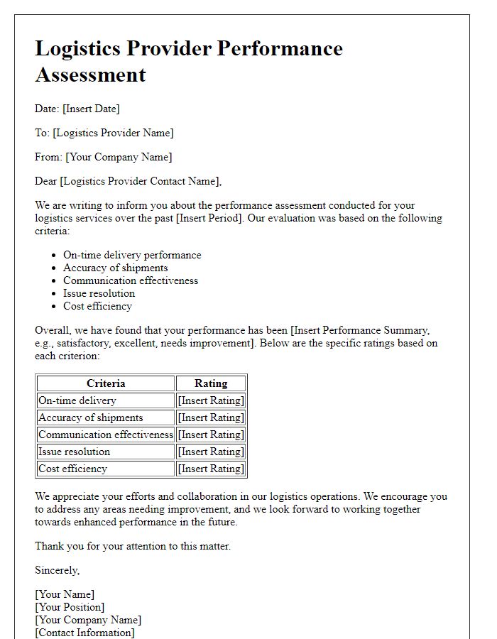 Letter template of logistics provider performance assessment