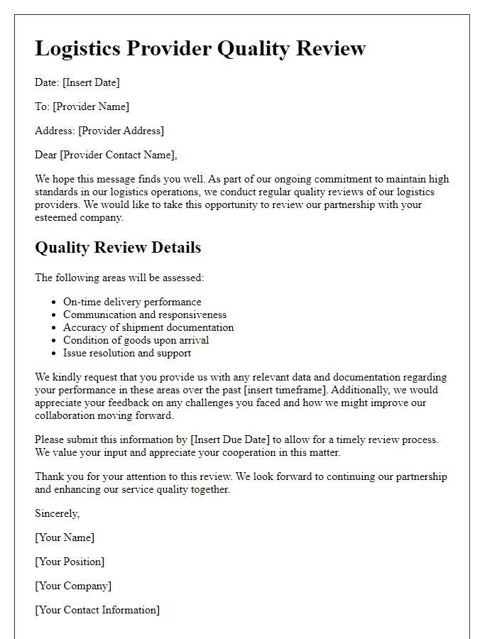 Letter template of logistics provider quality review