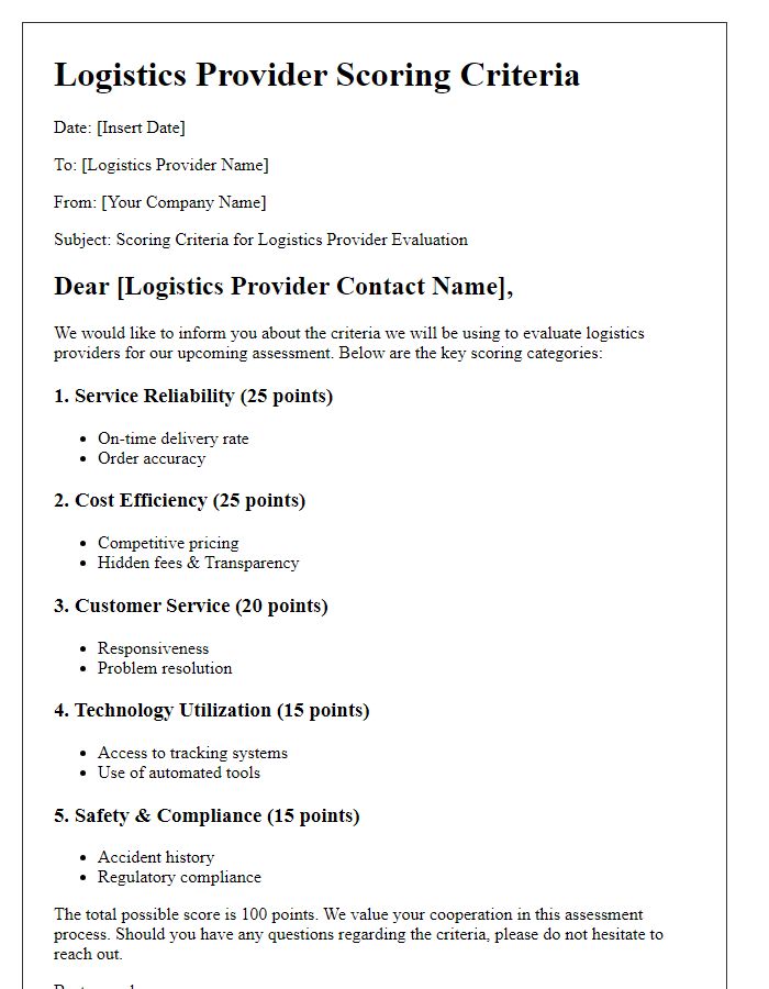 Letter template of logistics provider scoring criteria