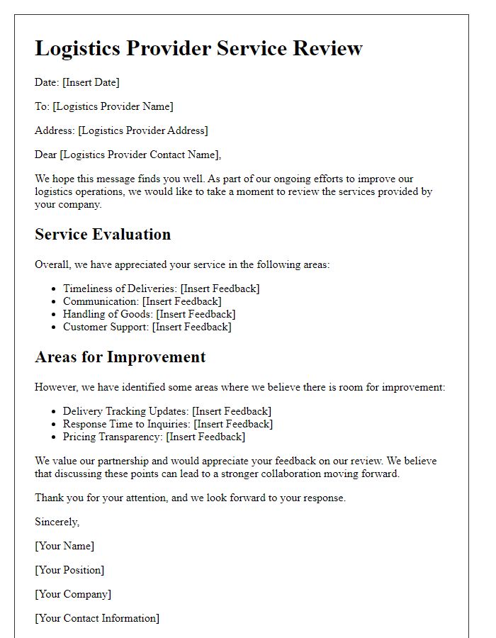 Letter template of logistics provider service review