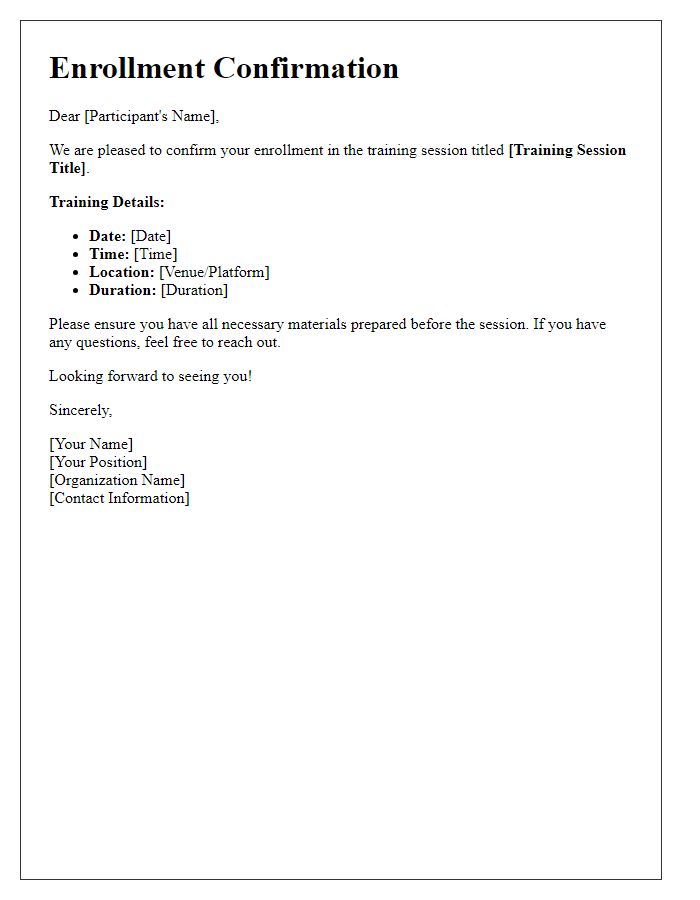 Letter template of enrollment confirmation for training session