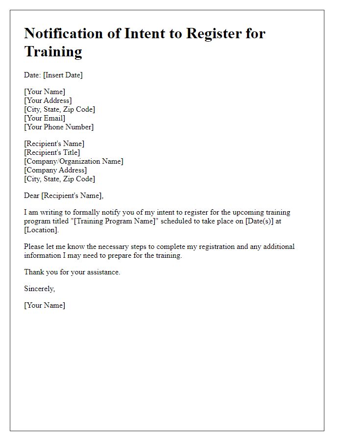 Letter template of notification of intent to register for training