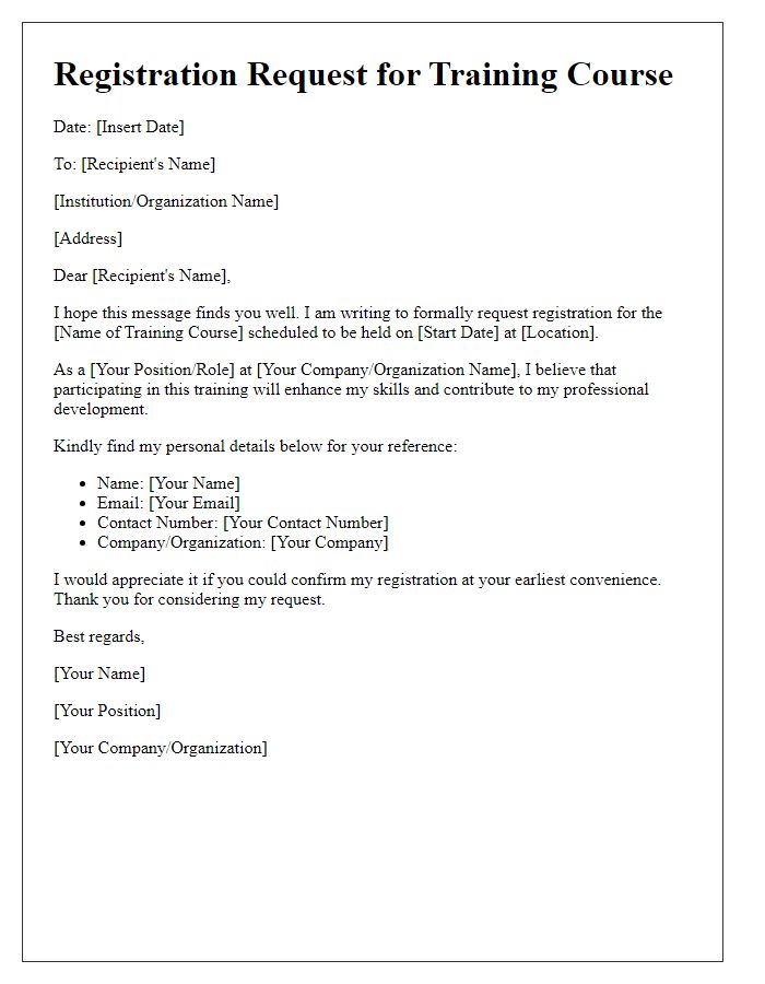 Letter template of registration request for training course participation