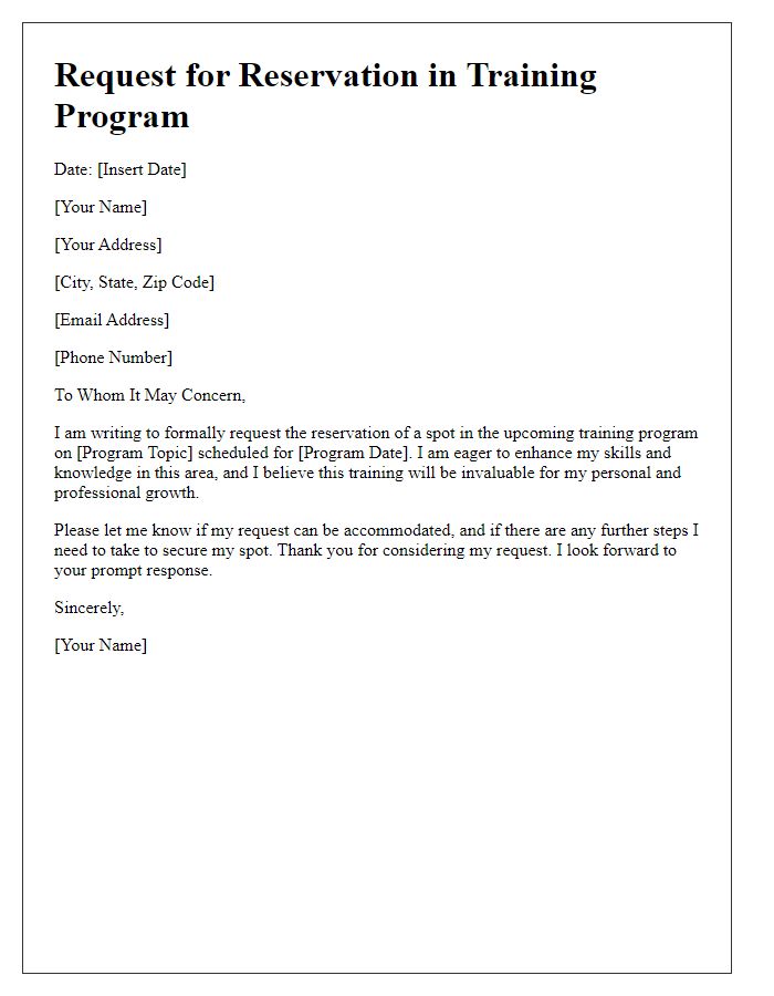 Letter template of request to reserve a spot in training program