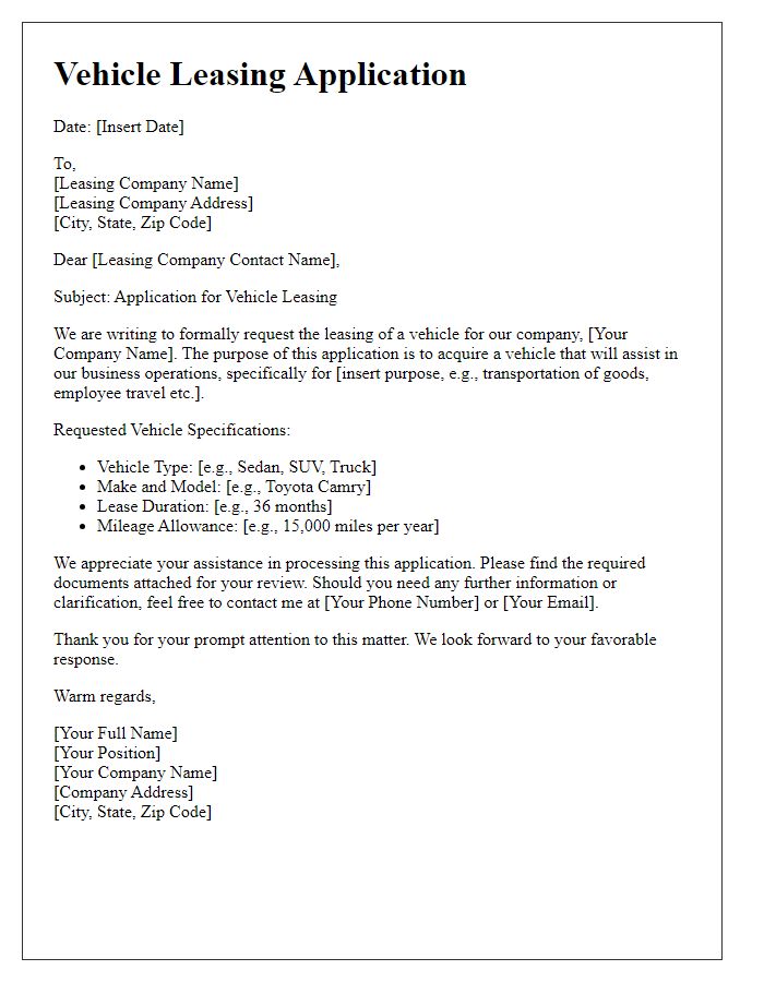 Letter template of vehicle leasing application for a company vehicle.