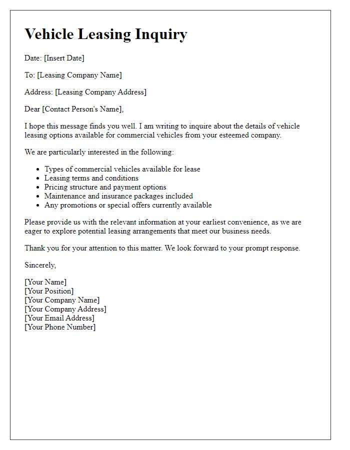 Letter template of vehicle leasing details inquiry for commercial vehicles.