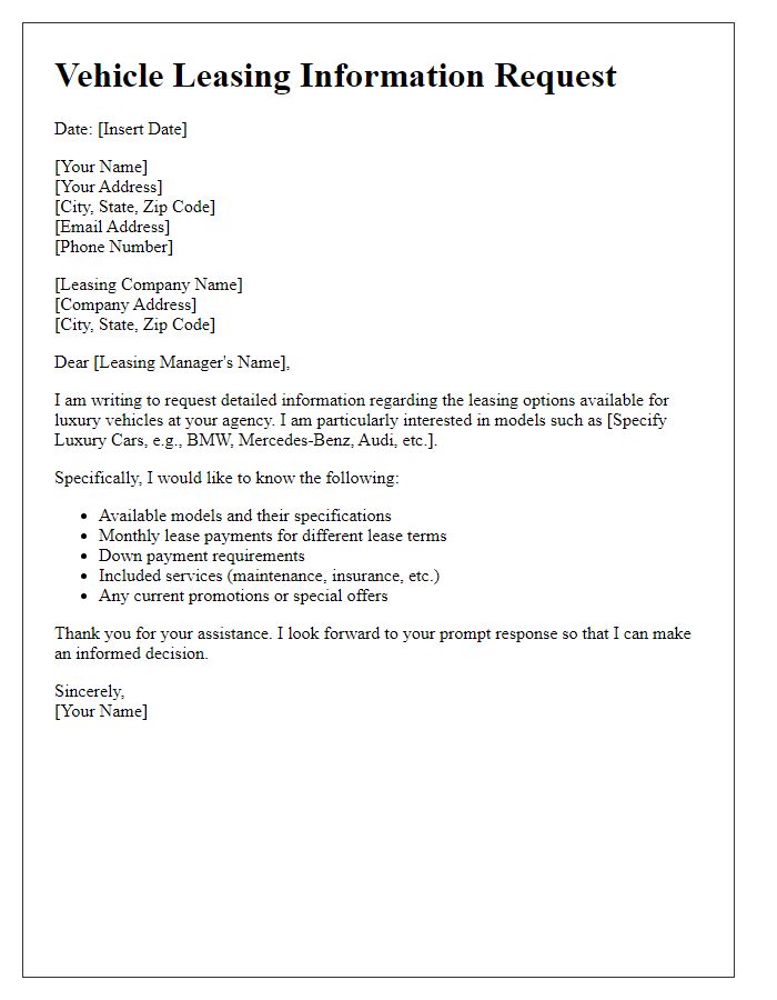 Letter template of vehicle leasing information request for luxury cars.