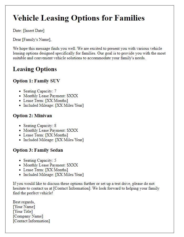 Letter template of vehicle leasing options for families.