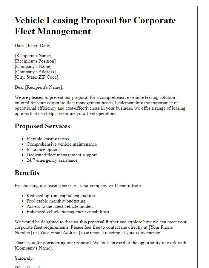 Letter template of vehicle leasing proposal for corporate fleet management.