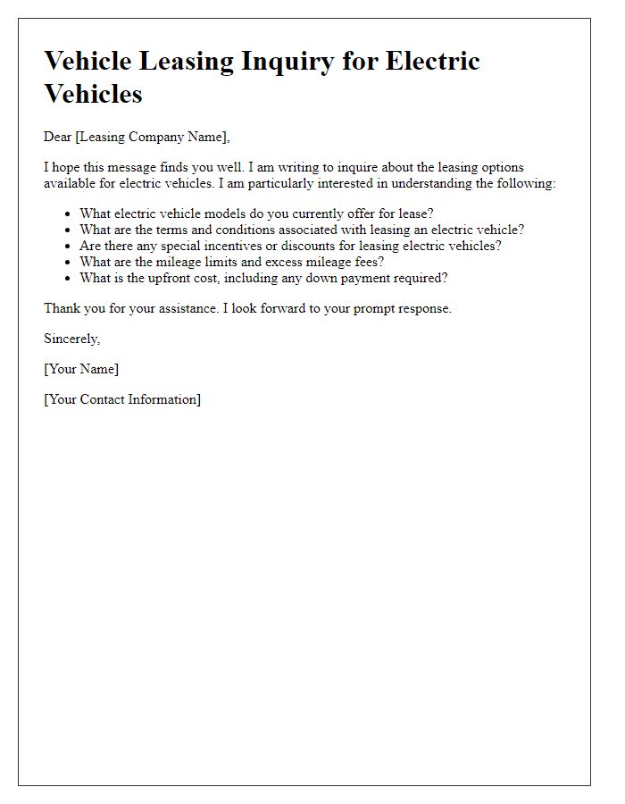 Letter template of vehicle leasing question for electric vehicles.