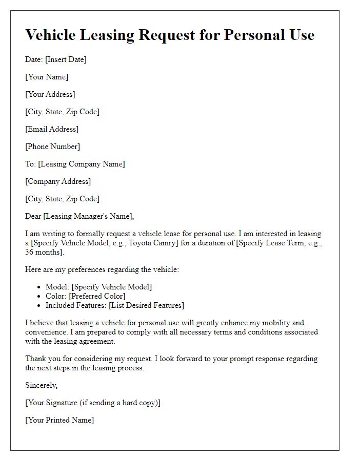 Letter template of vehicle leasing request for personal use.