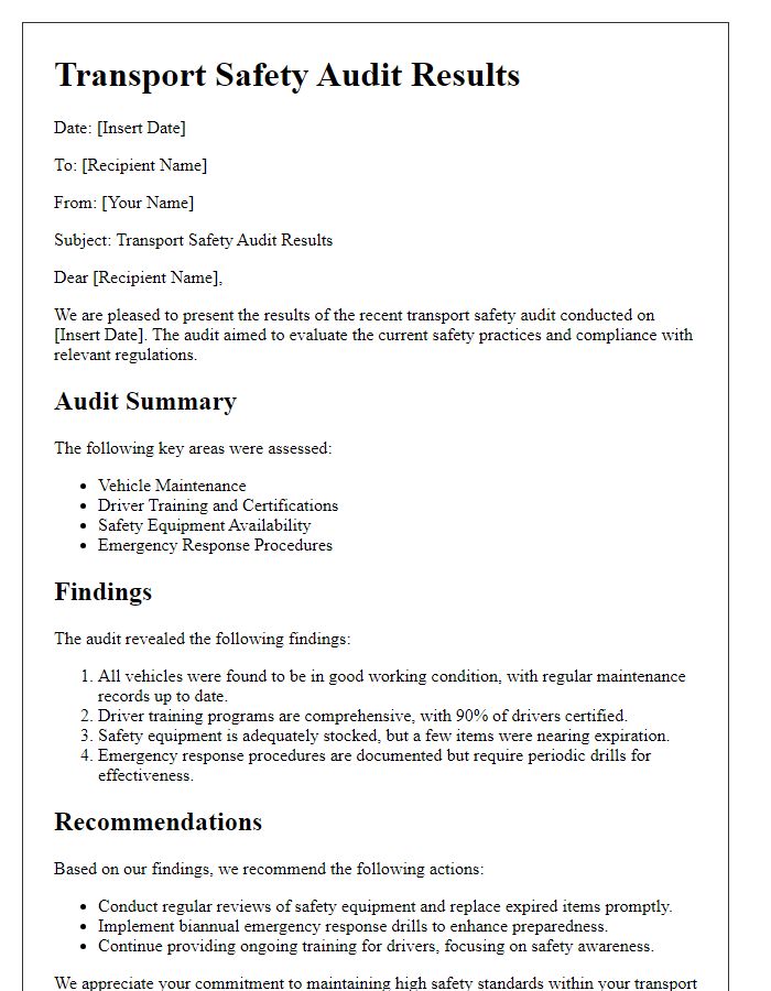 Letter template of transport safety audit results