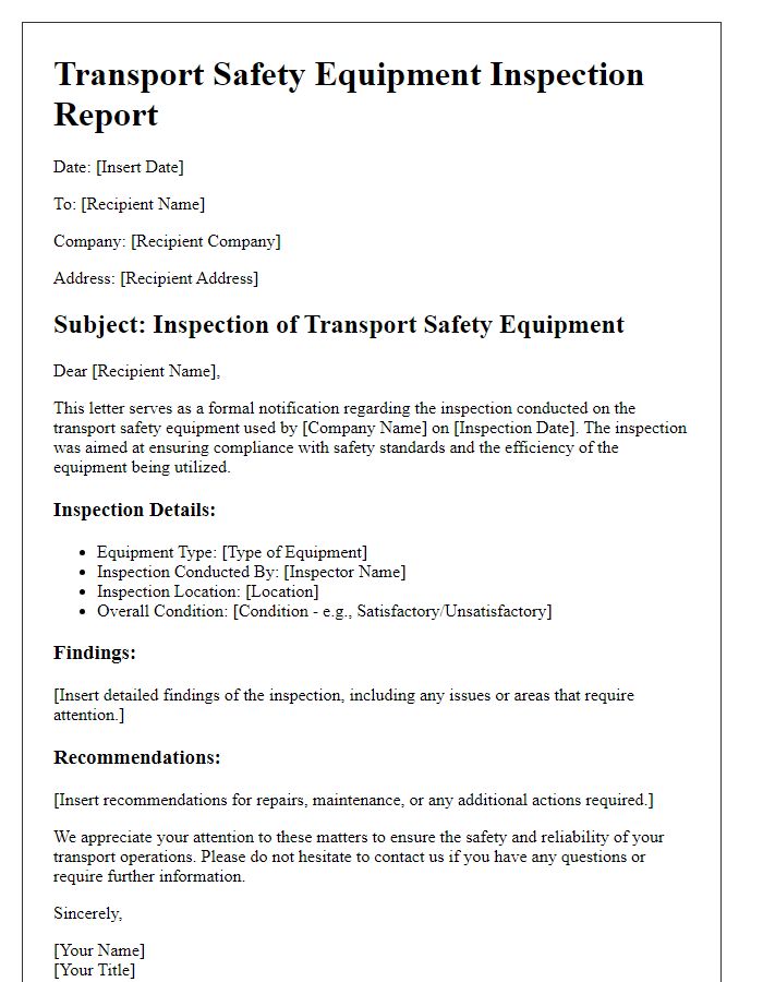 Letter template of transport safety equipment inspection