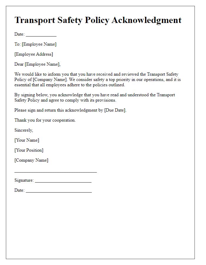 Letter template of transport safety policy acknowledgment