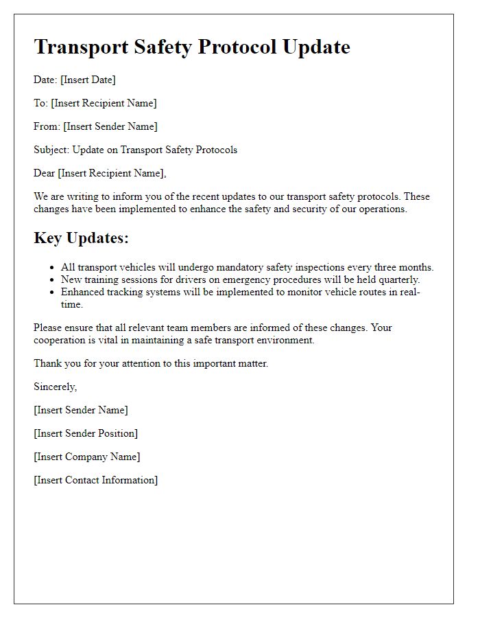 Letter template of transport safety protocol update