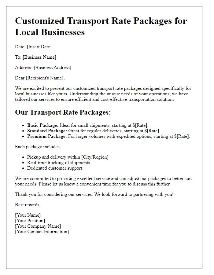 Letter template of customized transport rate packages for local businesses.