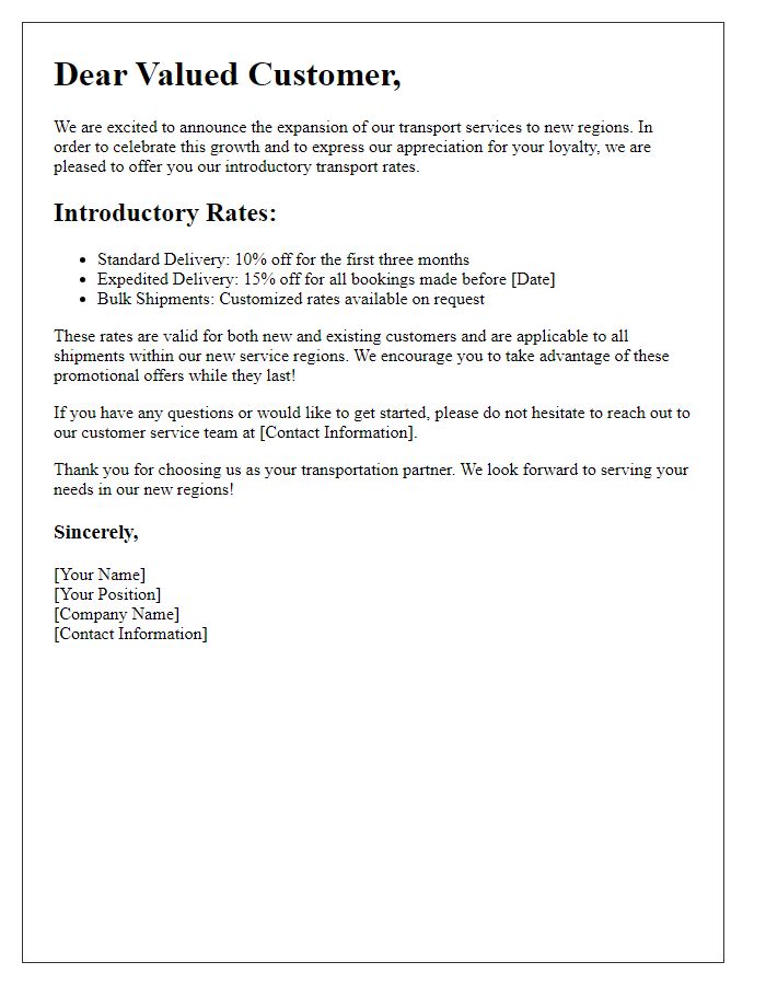 Letter template of introductory transport rates for expanding service regions.