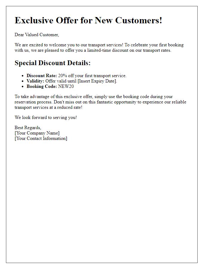 Letter template of limited-time transport rate discounts for new customers.