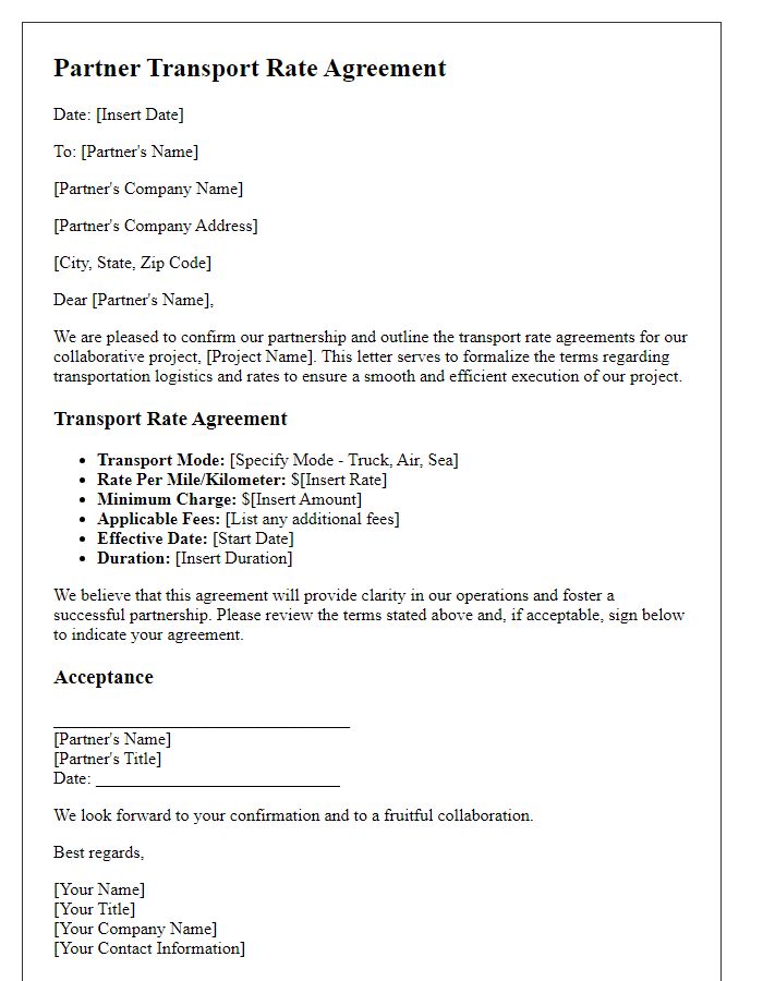 Letter template of partner transport rate agreements for collaborative projects.