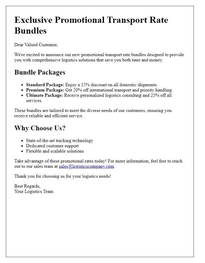 Letter template of promotional transport rate bundles for comprehensive logistics solutions.