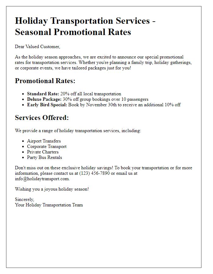 Letter template of seasonal promotional rates for holiday transportation services.