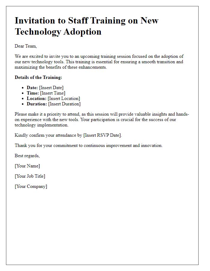 Letter template of staff training invitation addressing new technology adoption.