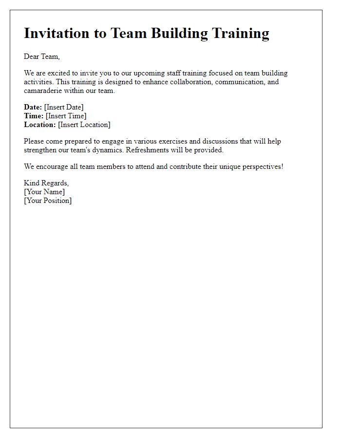 Letter template of staff training invitation aimed at team building activities.