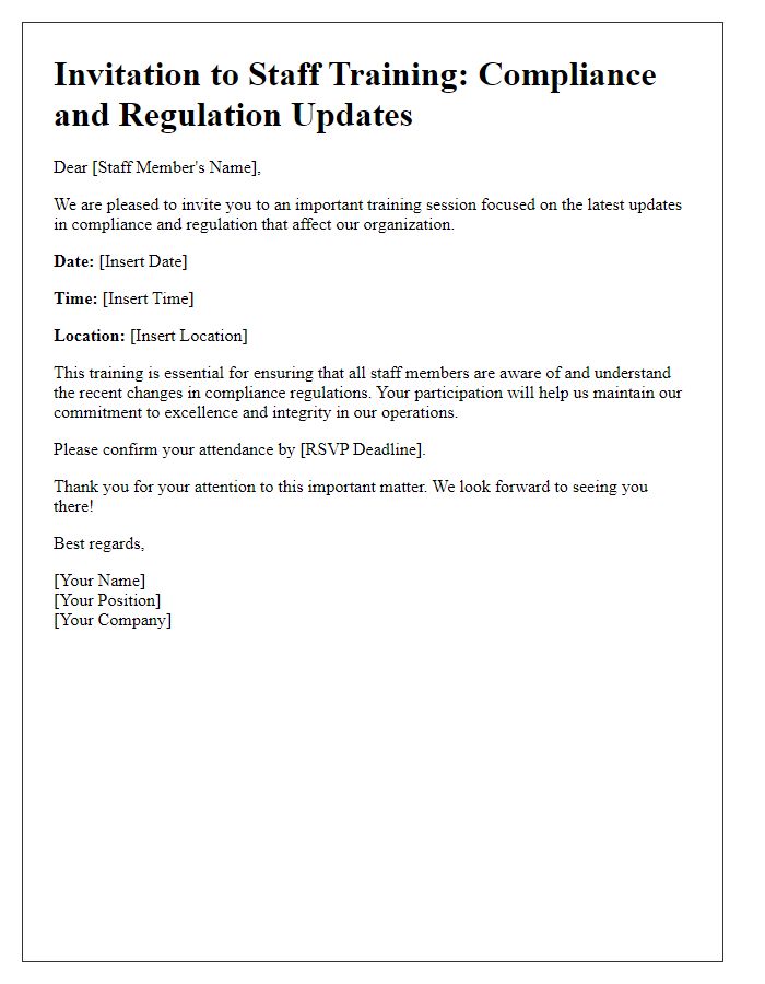 Letter template of staff training invitation for compliance and regulation updates.