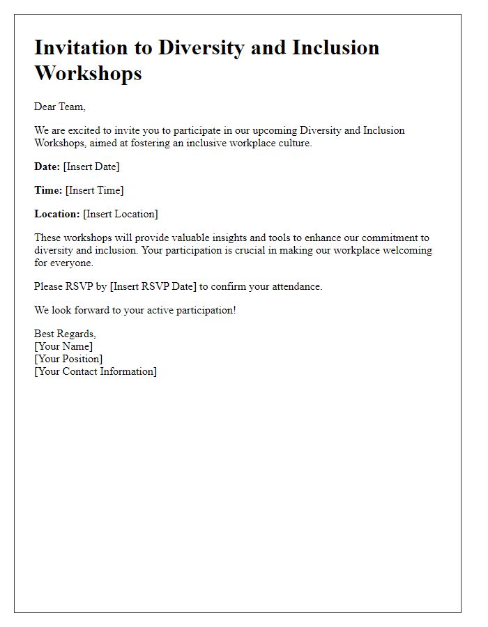 Letter template of staff training invitation for diversity and inclusion workshops.