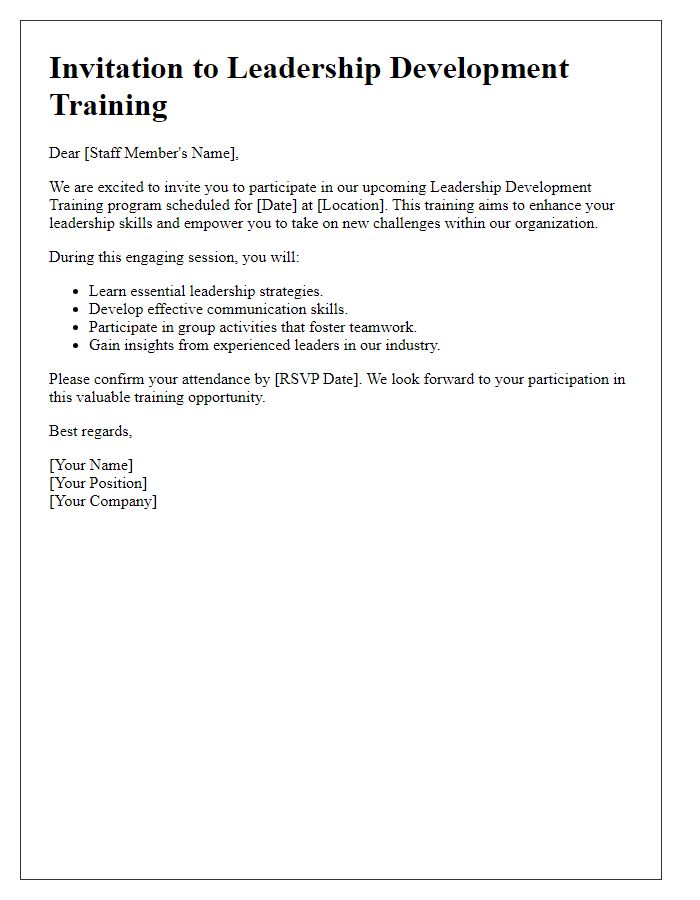 Letter template of staff training invitation focusing on leadership development.