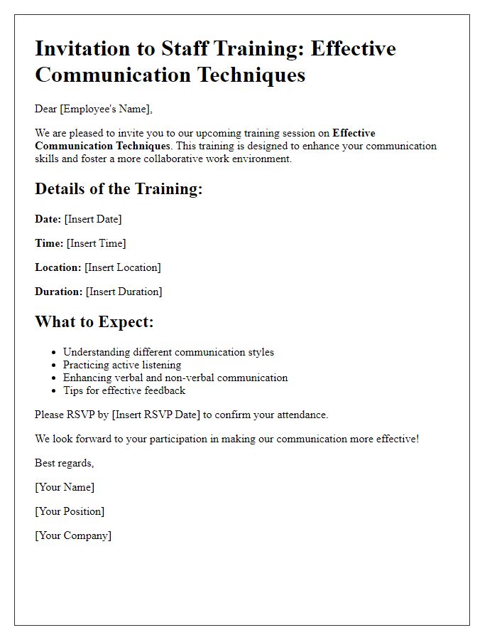 Letter template of staff training invitation on effective communication techniques.