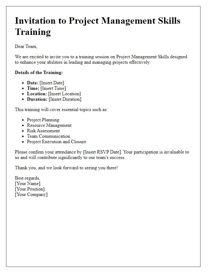 Letter template of staff training invitation for project management skills.