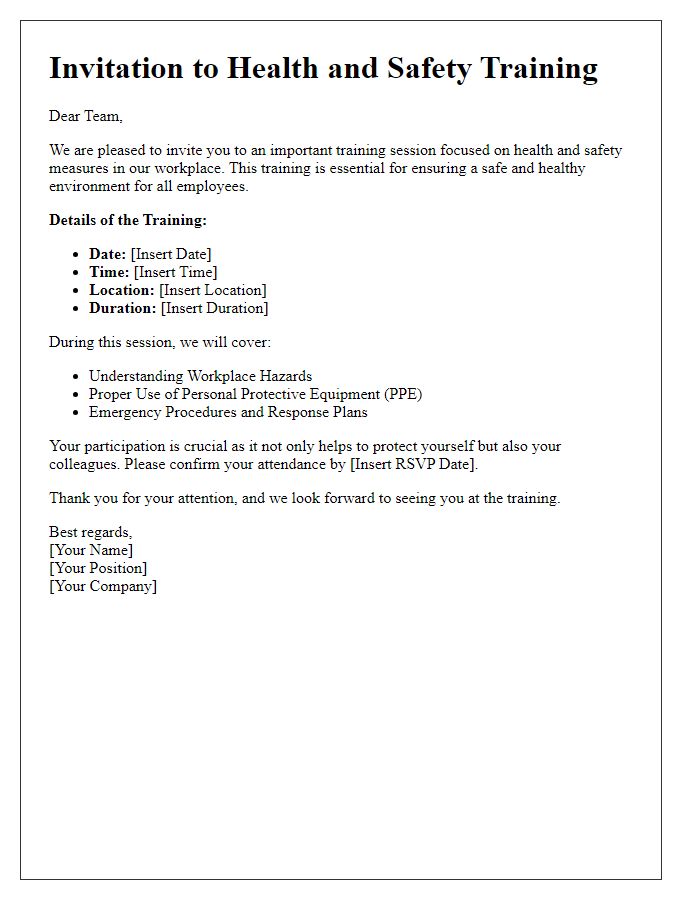 Letter template of staff training invitation regarding health and safety measures.